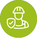 Construction worker with helmet and shield icon with a checkmark, on green background.