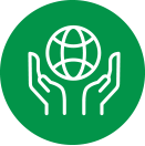 White outline of hands holding globe in a green circle.