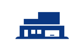 Blue icon of a building with a flat roof, windows, and a possible garage door.