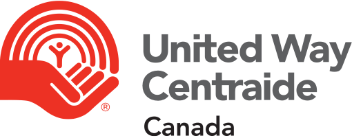 United Way Centraide Canada logo: red hand holding rainbow with stick figure; grey text.
