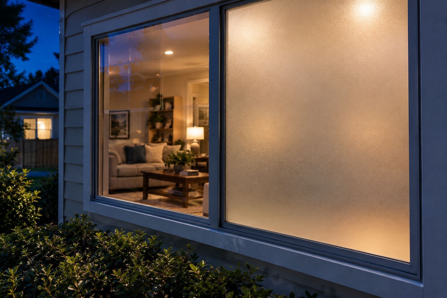 Warmly lit living room seen through a house window at dusk, with frosted glass on one side.