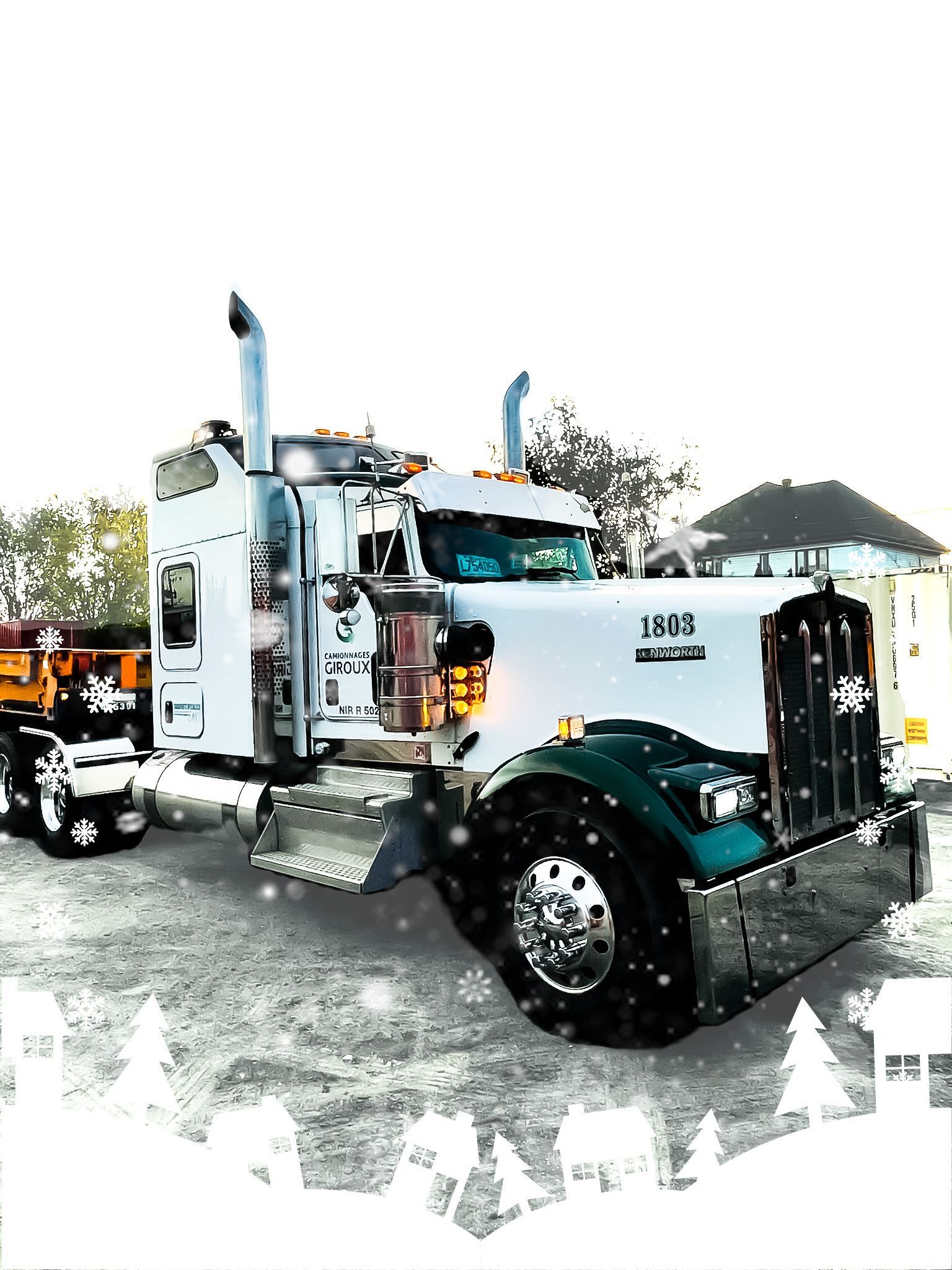 A white semi truck is parked on the side of the road.