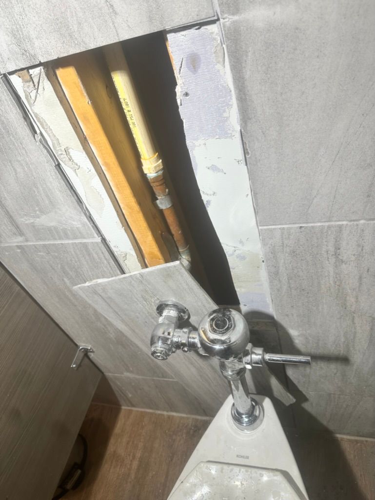 Bathroom ceiling with exposed pipes above a toilet tank, showing a repair opening and unfinished paneling