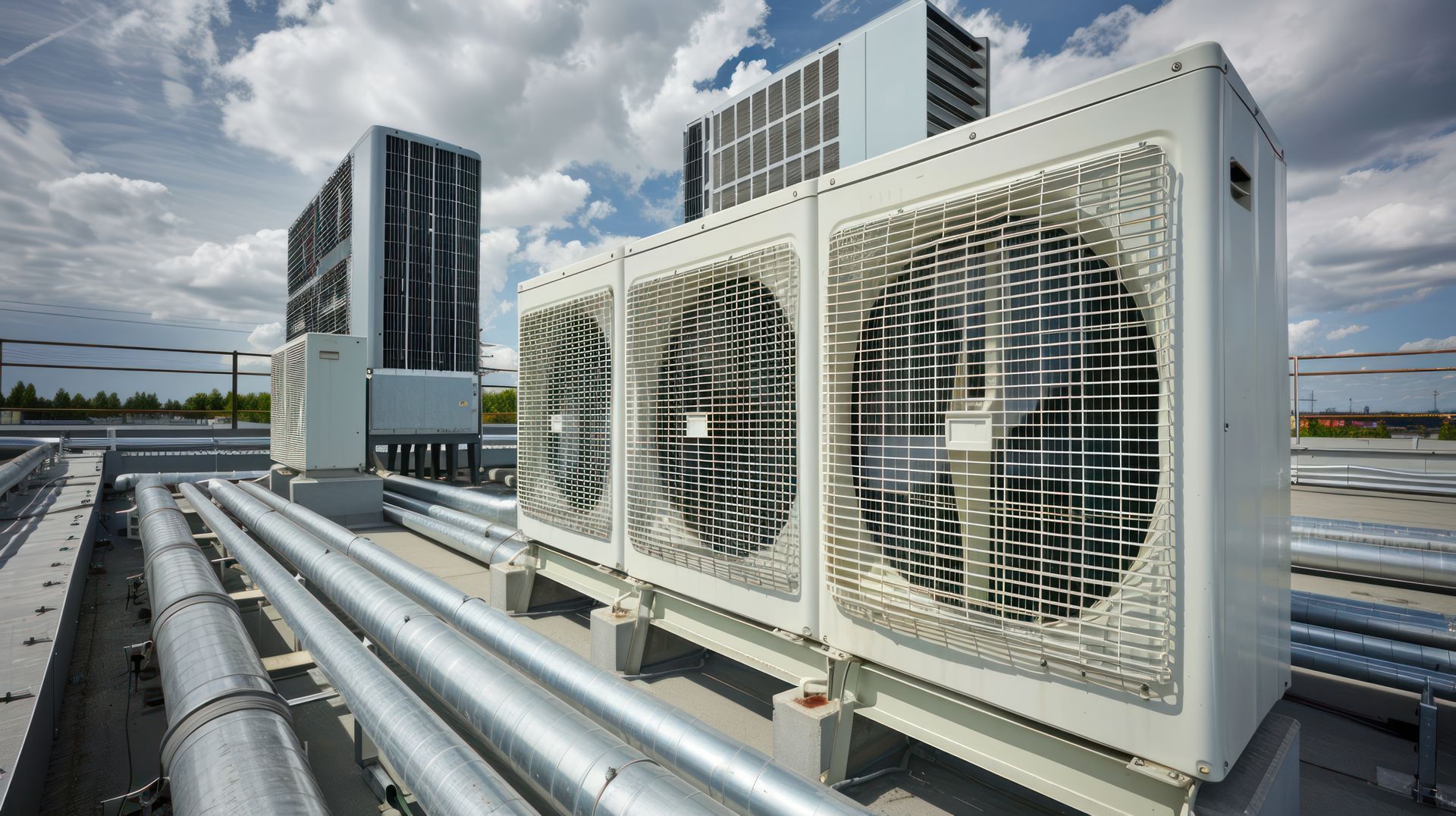 Rooftop HVAC units with large fans and silver ductwork on a modern industrial building.
