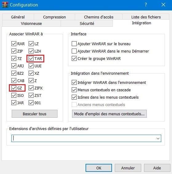 WinRAR ouvre les fichiers GZ
