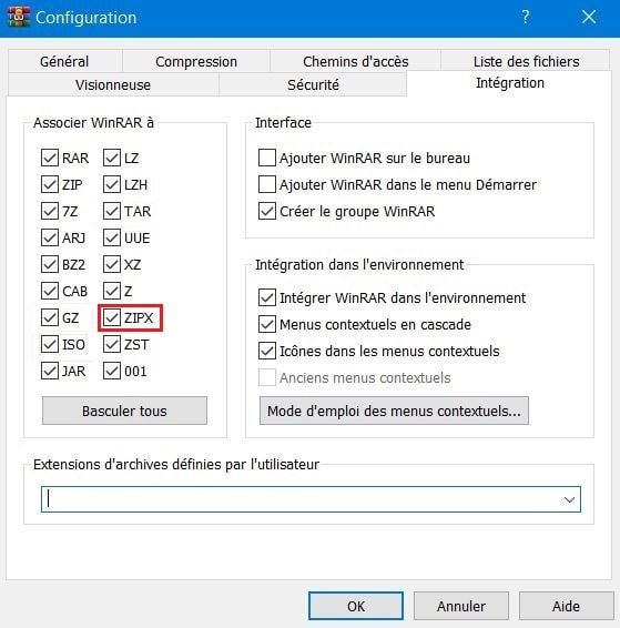 WinRAR ouvre les fichiers Zipx