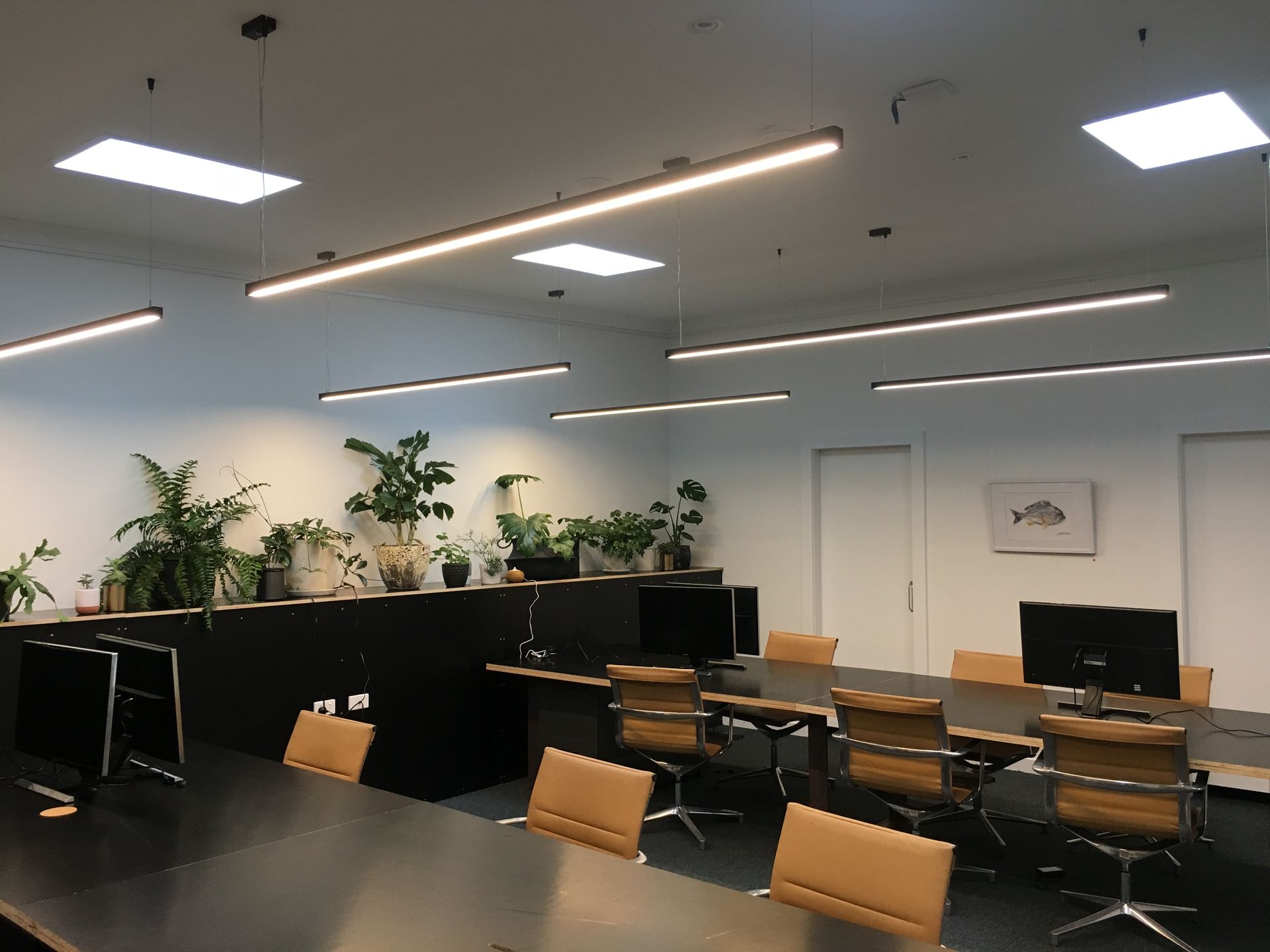 Office interior with computers, artwork, and hanging lights; exit sign glows green. — DG Electrical & Fire In Kiama, NSW