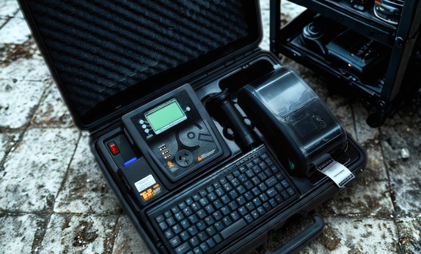 Open black briefcase with electronic devices, keyboard, and a printer on a snowy surface — DG Electrical & Fire In Kiama, NSW