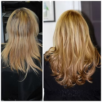 Before and after: Blonde hair styled and colored; roots lightened.