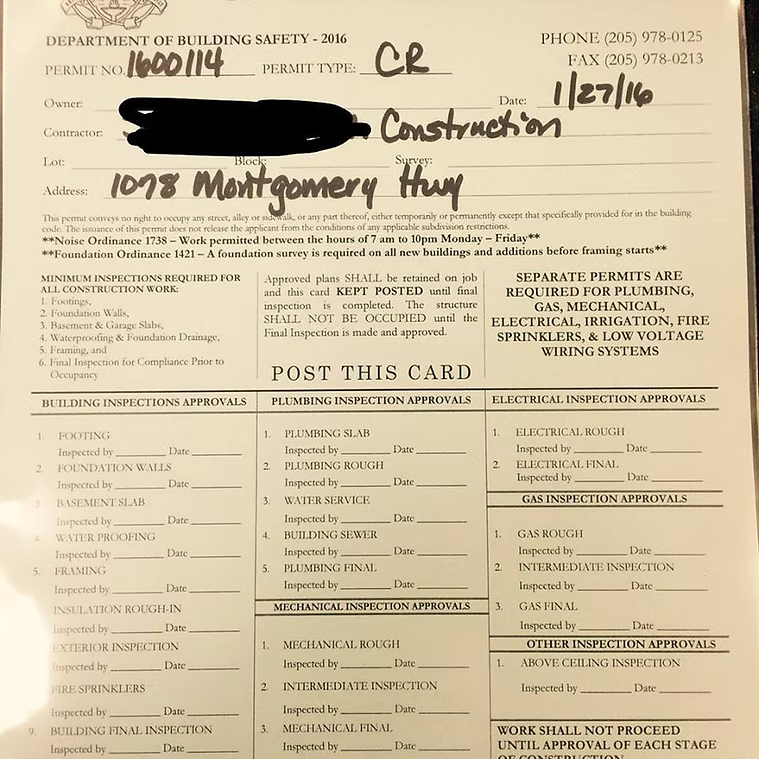 Building permit for construction at 1078 Montgomery Hwy. Card posted with inspection sections and approval dates.