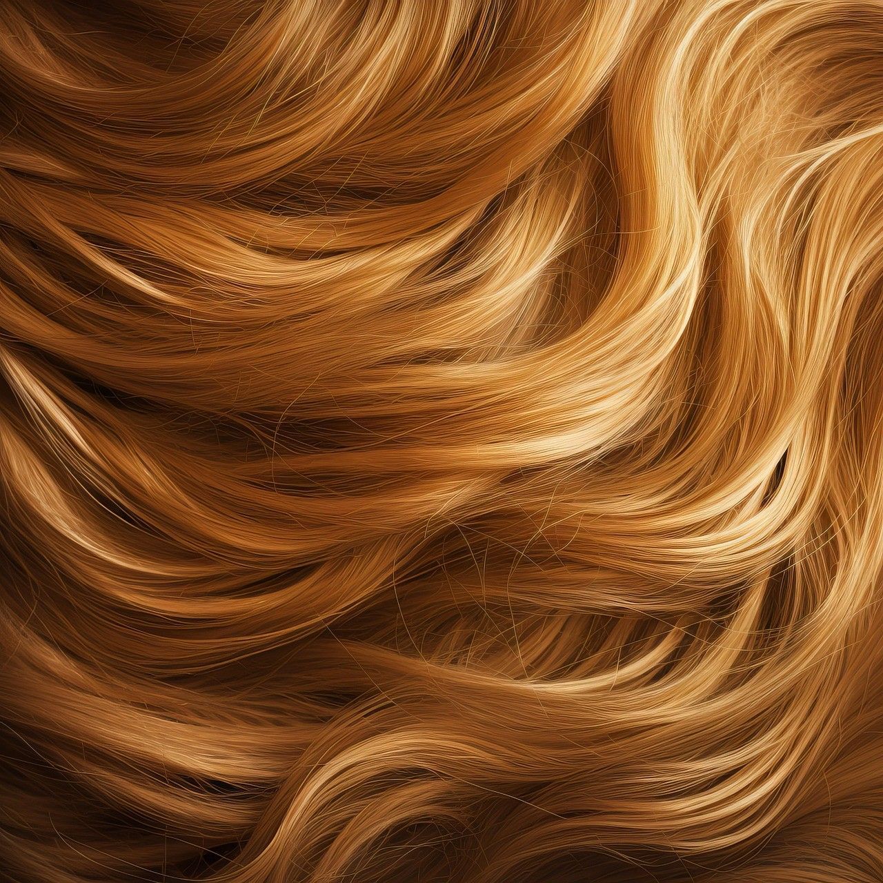 Close-up of wavy, golden-brown hair strands with warm highlights