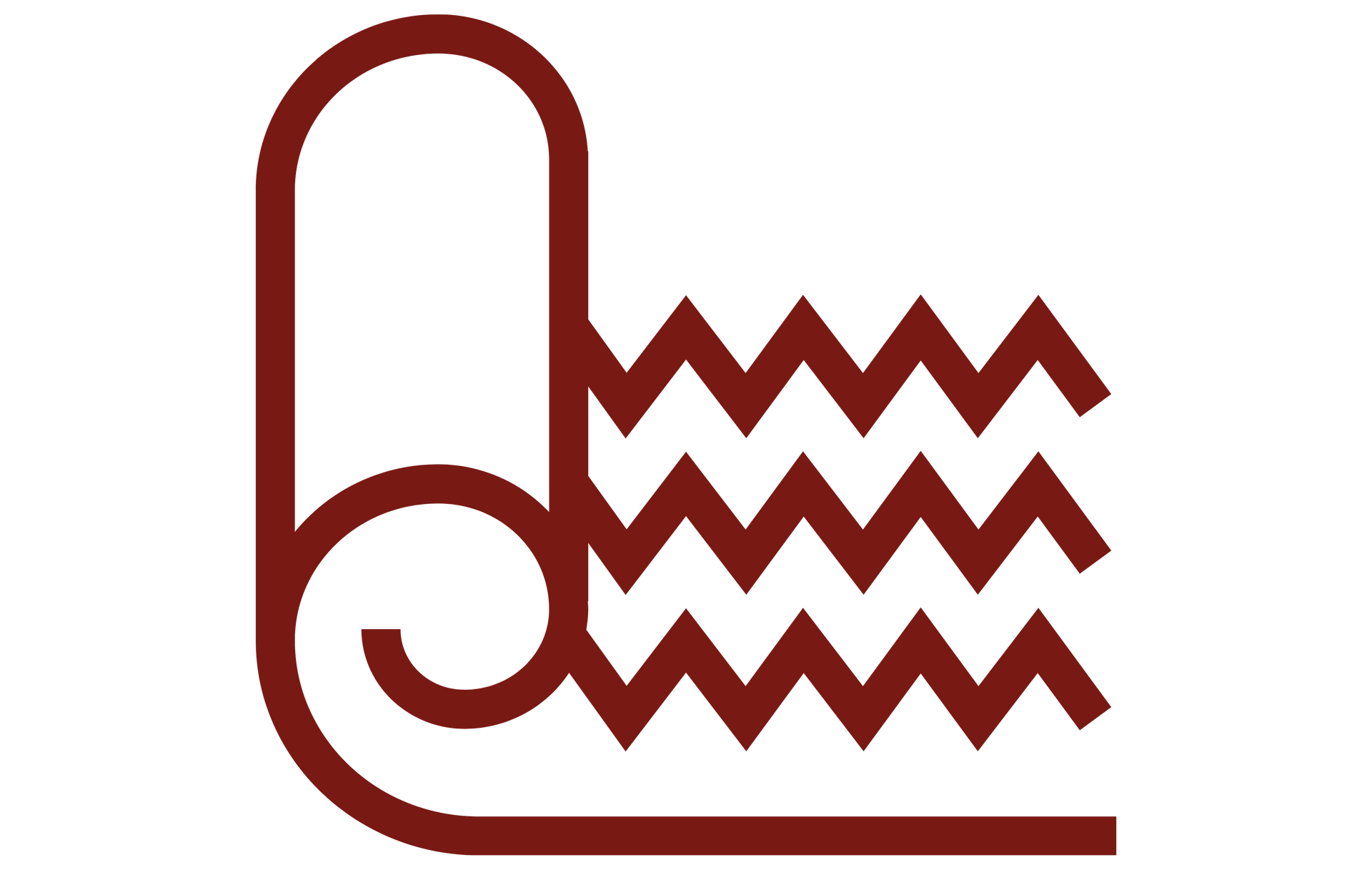 Red, stylized carpet roll and wavy section on white background.