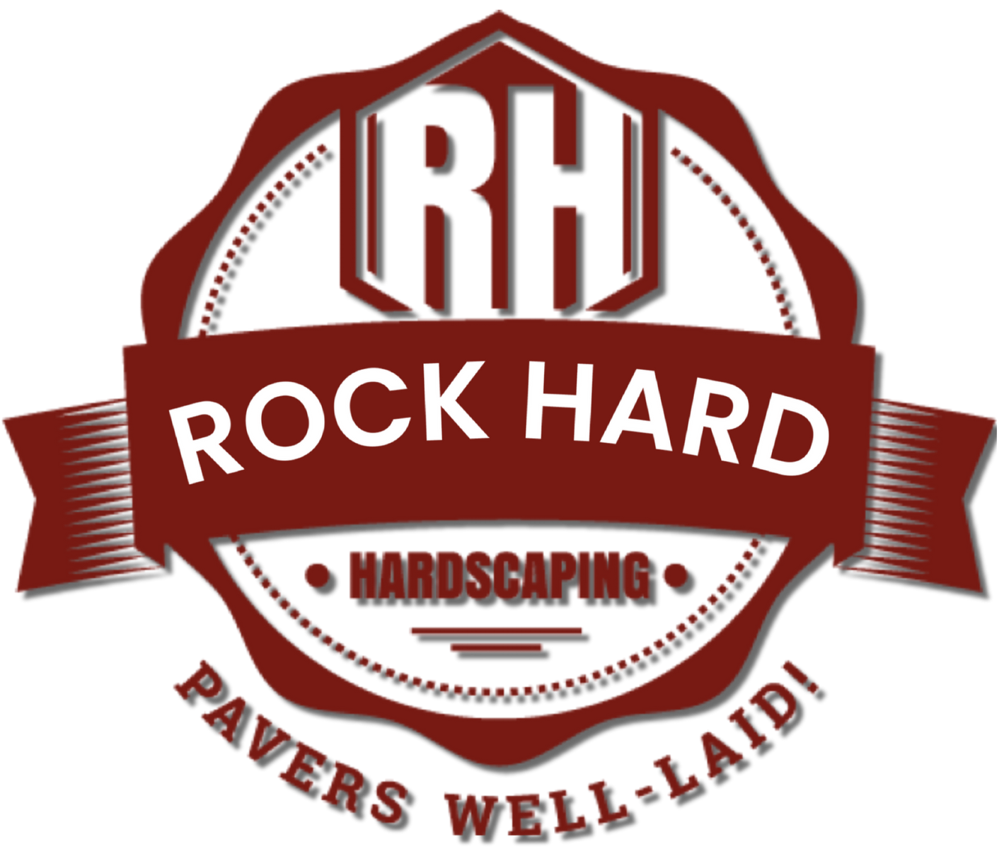 Rock Hard Hardscaping logo: Maroon emblem with 