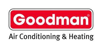 the logo for goodman air conditioning and heating is red and white .