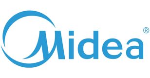 the midea logo is blue and white on a white background .
