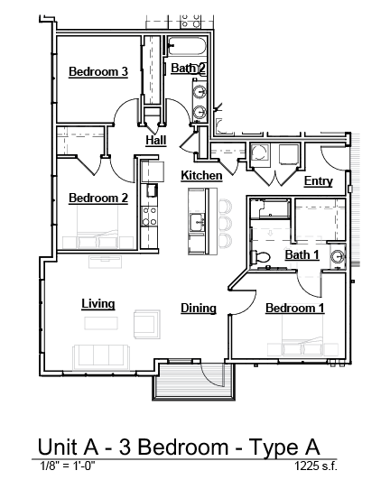 3 Bedroom Layout. 1225 square feet