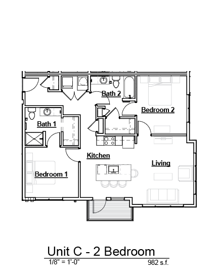 2 Bedroom Layout 982 square feet