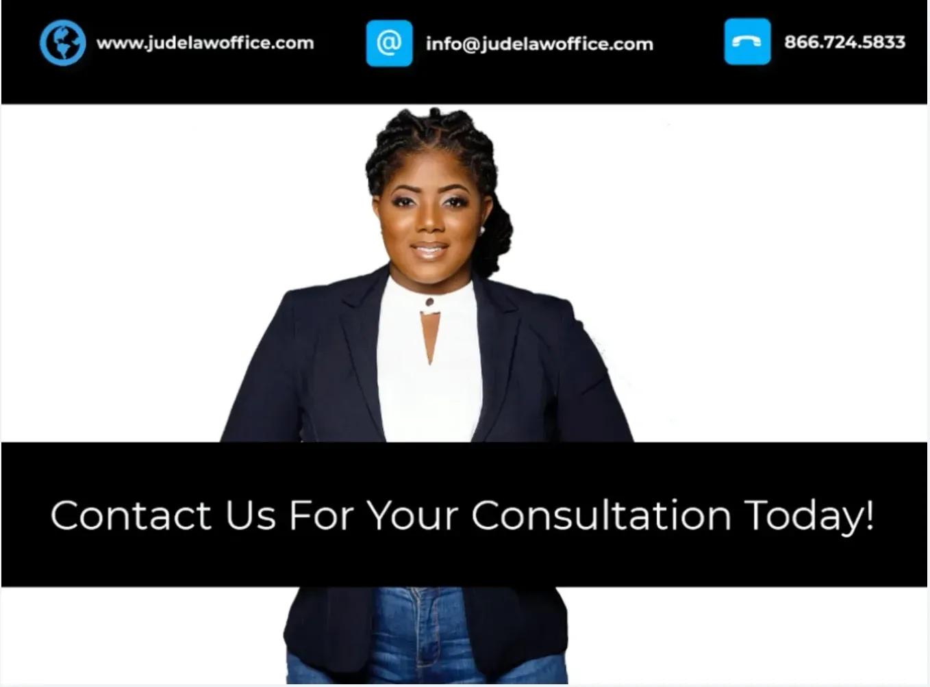 Consultant in navy blazer with contact info banner and “Contact Us For Your Consultation Today!” text