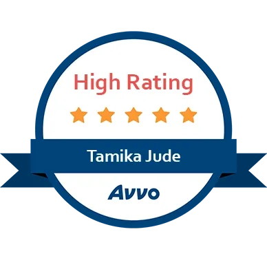 An AVVO high rating badge for Tamika Jude.