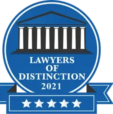 A blue badge that says Lawyers of Distinction 2021.