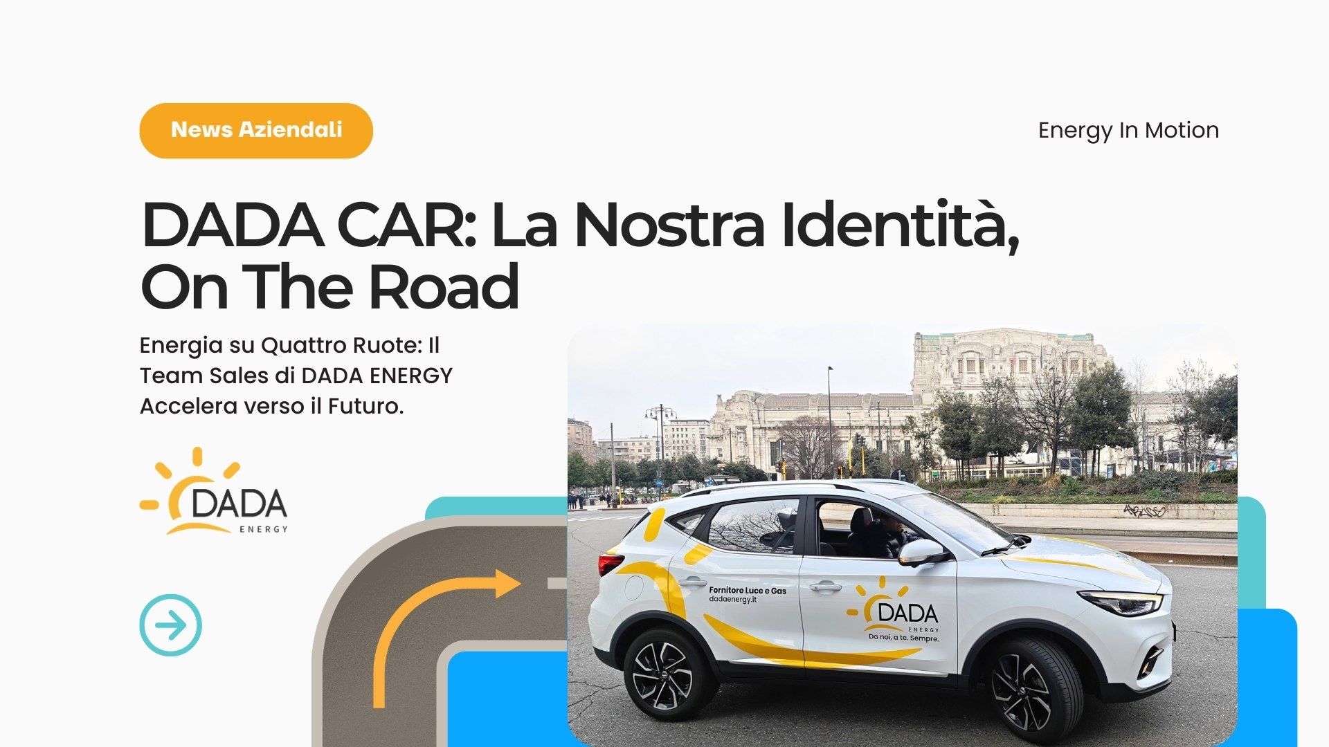 DADA CAR: nuova flotta aziendale DADA ENERGY con design dinamico, colori del sole e QR code WhatsApp