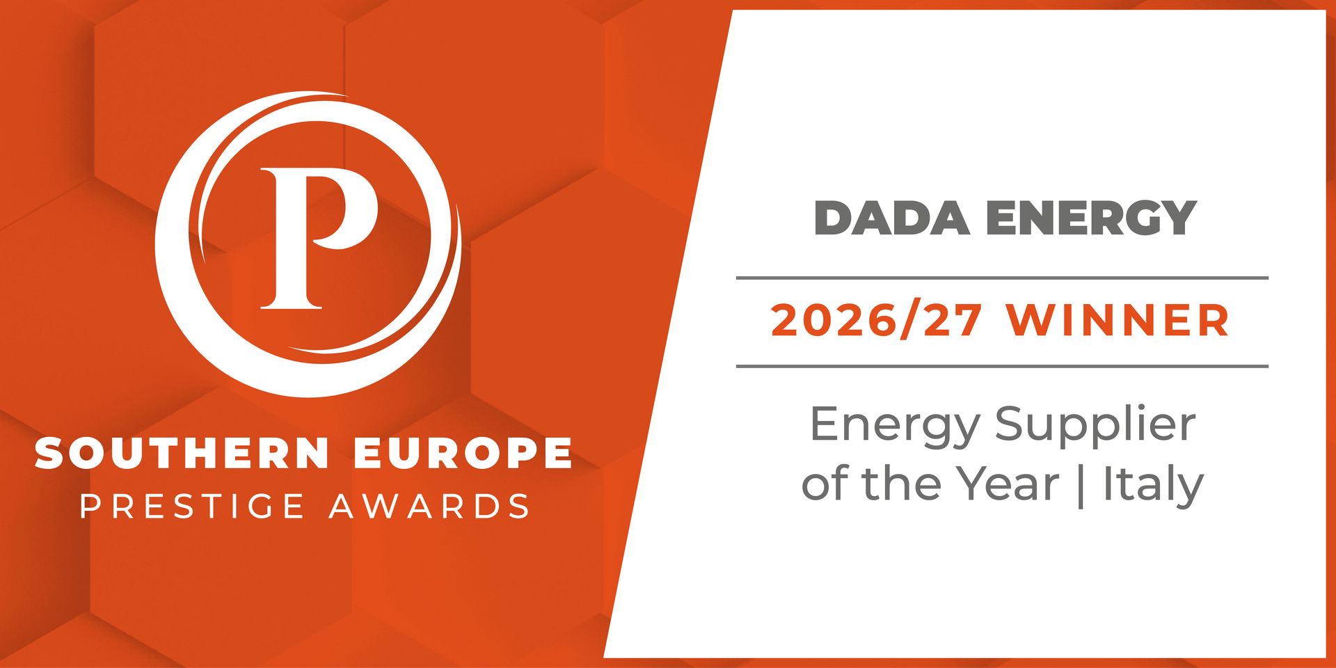 Certificato Prestige Awards a DADA ENERGY SRL come Energy Supplier of the Year in Italia.
