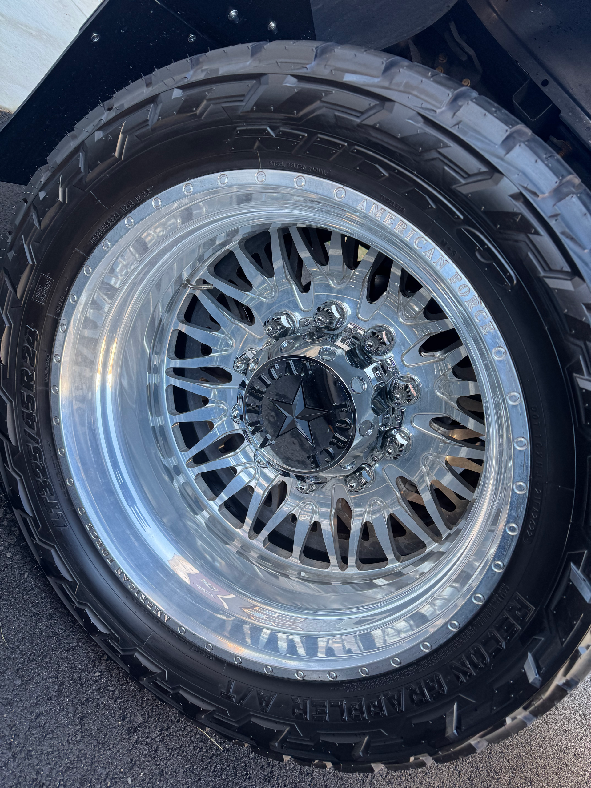 A close up of a car wheel with a tire on it.