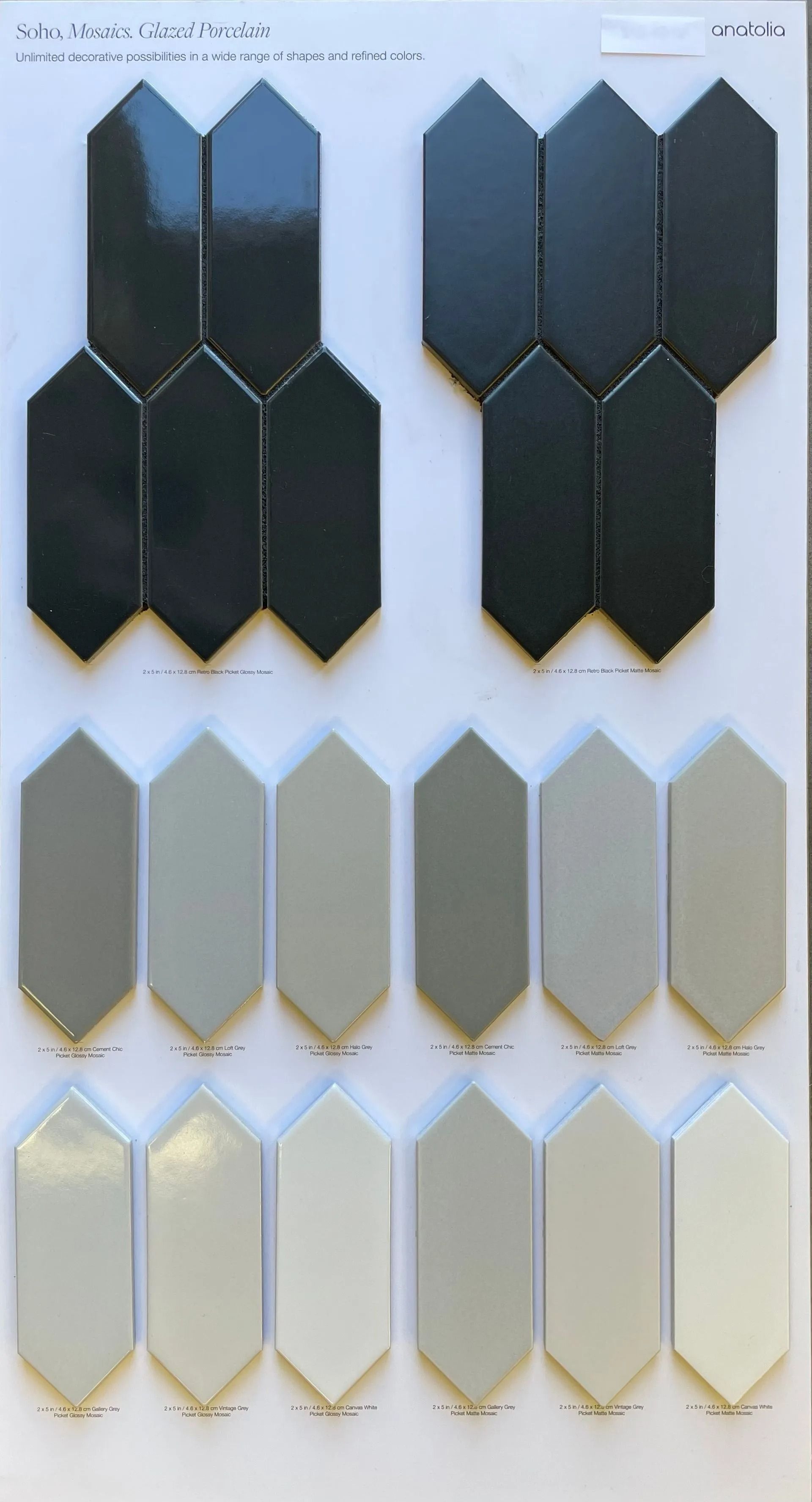 Rows of hexagonal fabric swatches in dark blue, gray, and cream on a light background