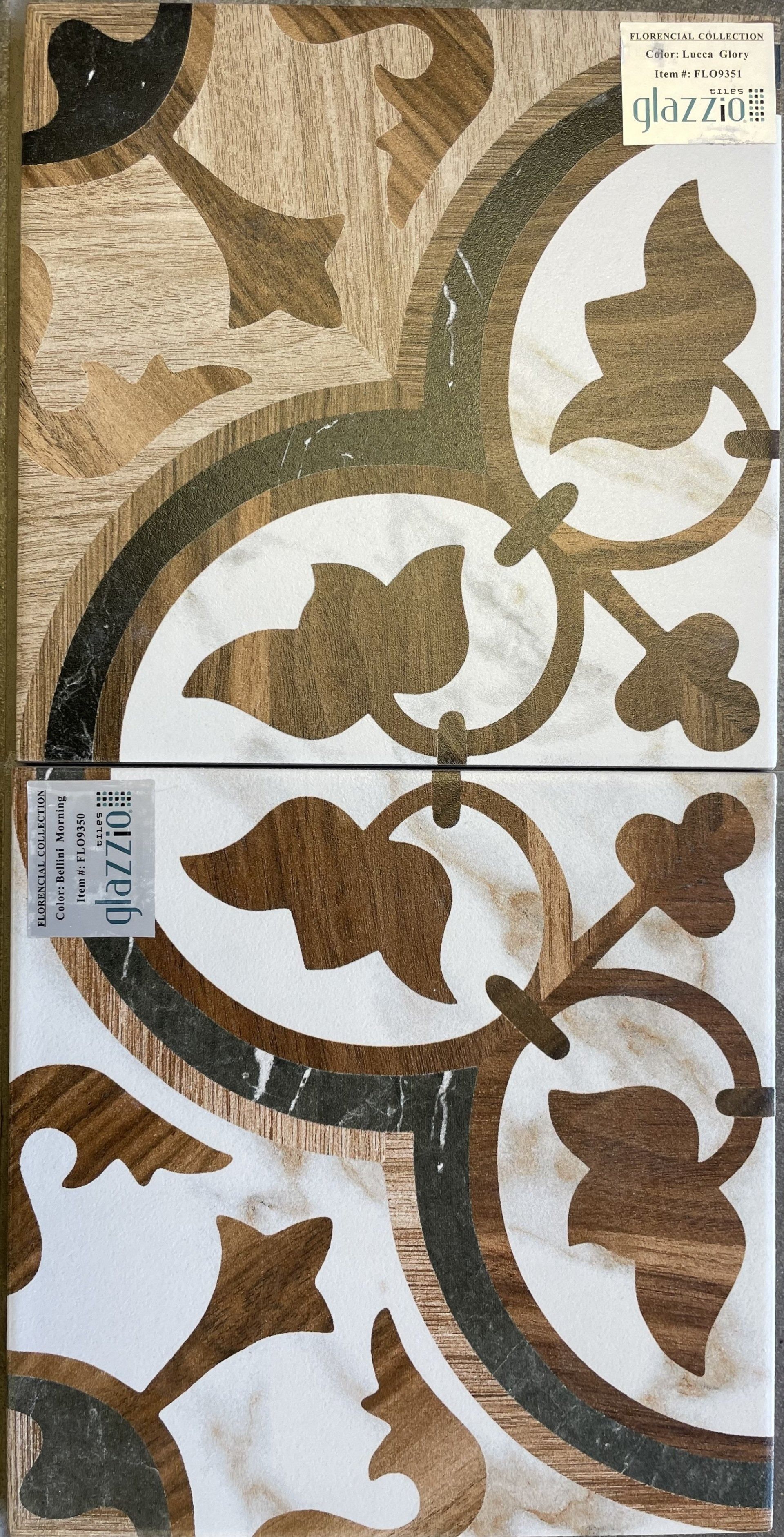 Decorative mosaic tile with brown leaf and vine patterns on cream and beige background