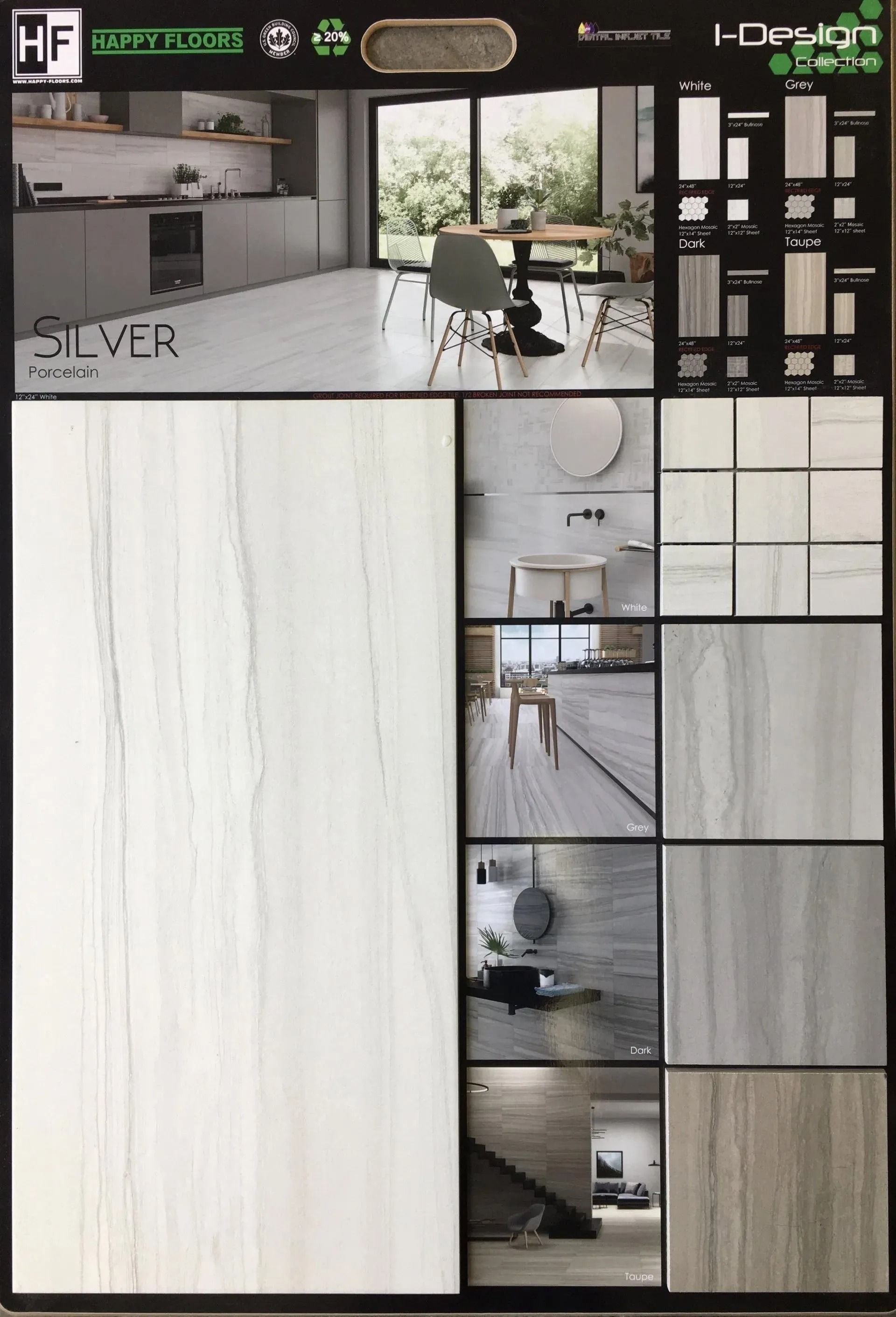 White wood-grain laminate display board with modern interior room samples and black product labels