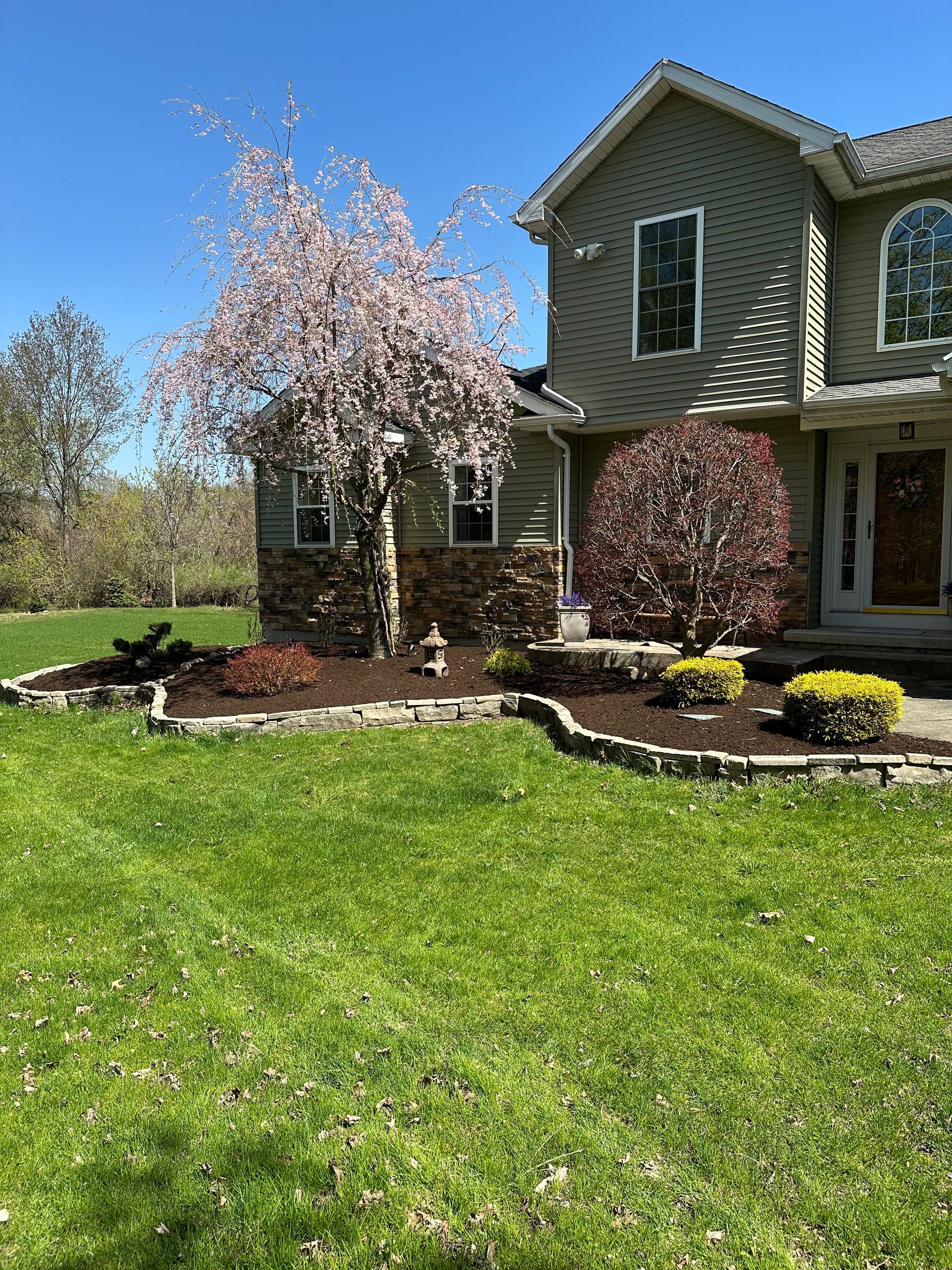 Green lawn and landscaped flowerbeds in front of a house, with flowering trees.