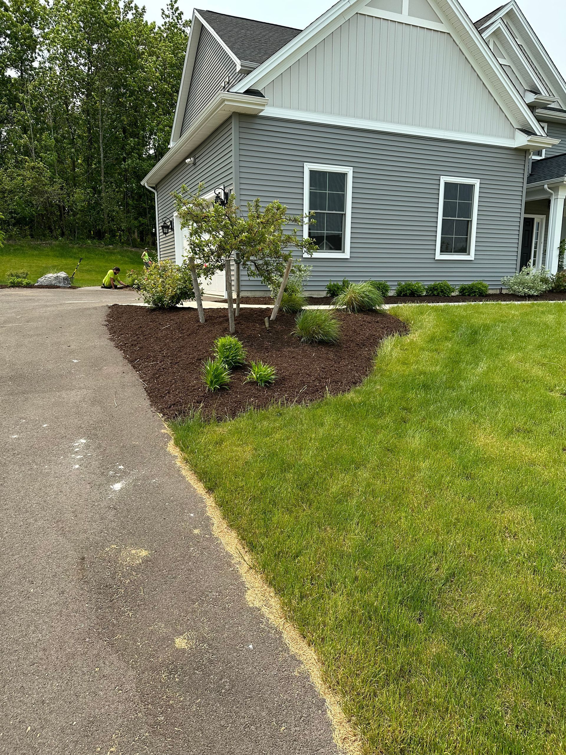 Gray house with landscaping, brown mulch, and green grass.
