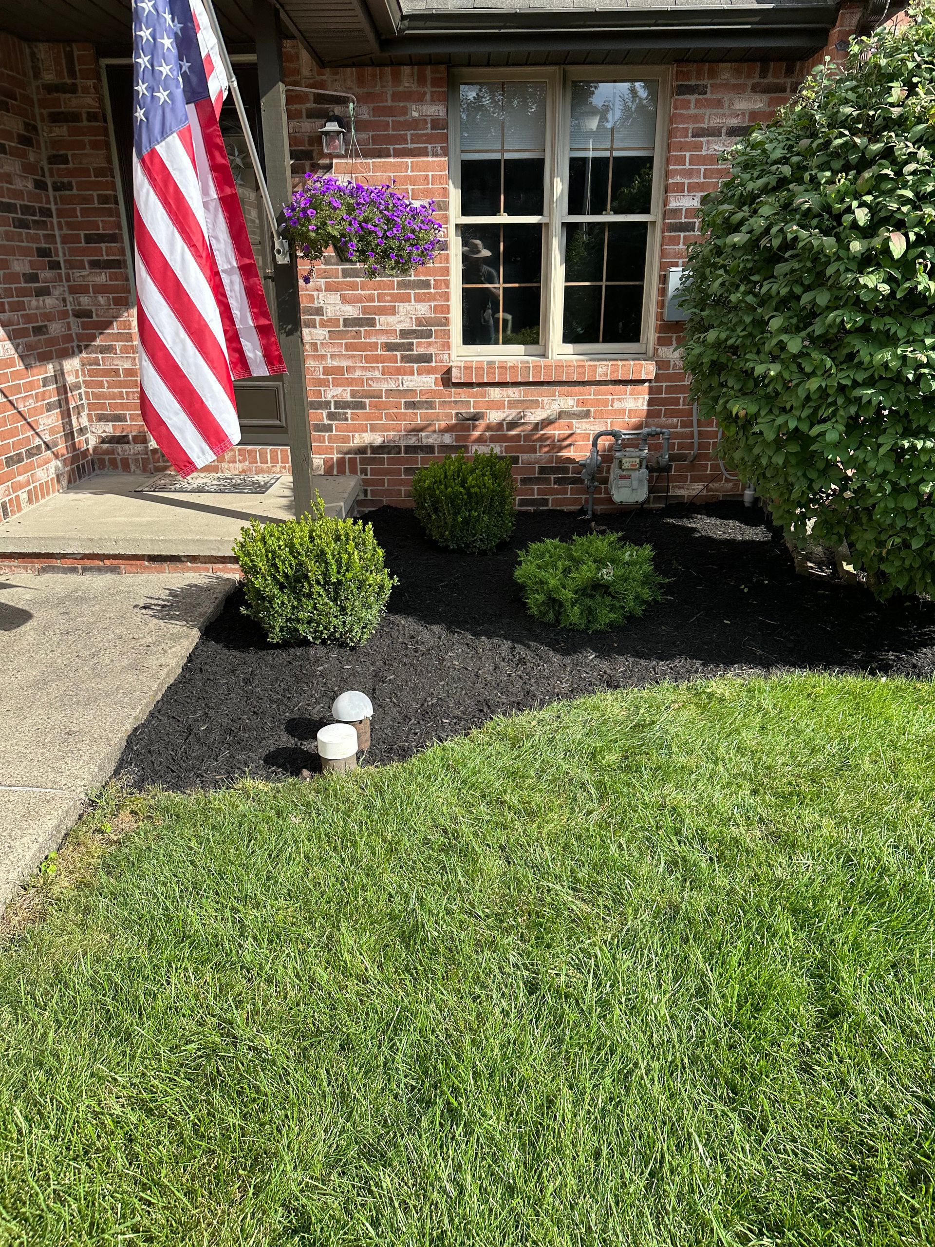 A house with brick facade, American flag, window, and flower box. Green shrubbery and black mulch border green grass.