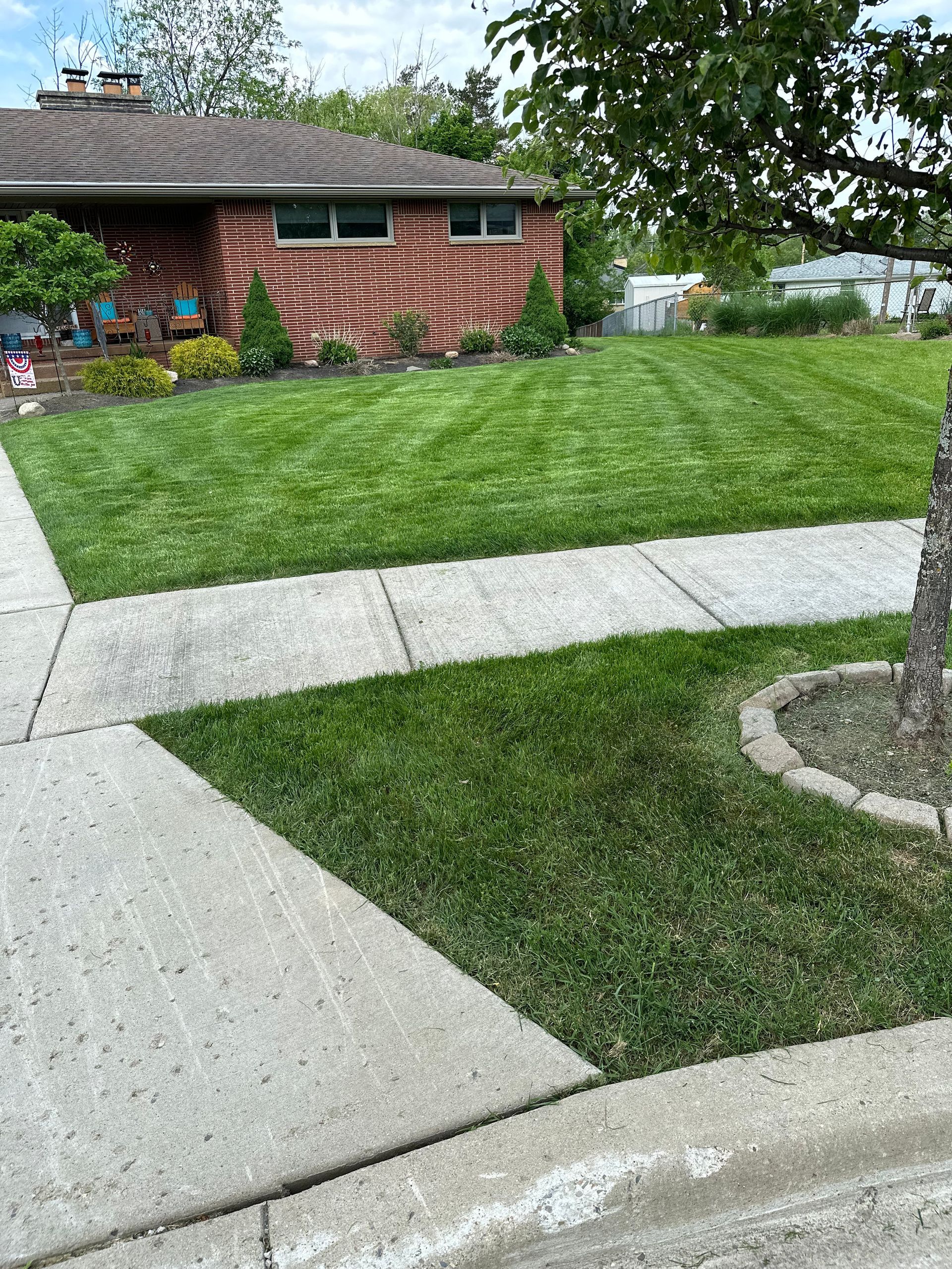 A well-manicured green lawn and sidewalk lead to a brick house on a sunny day.