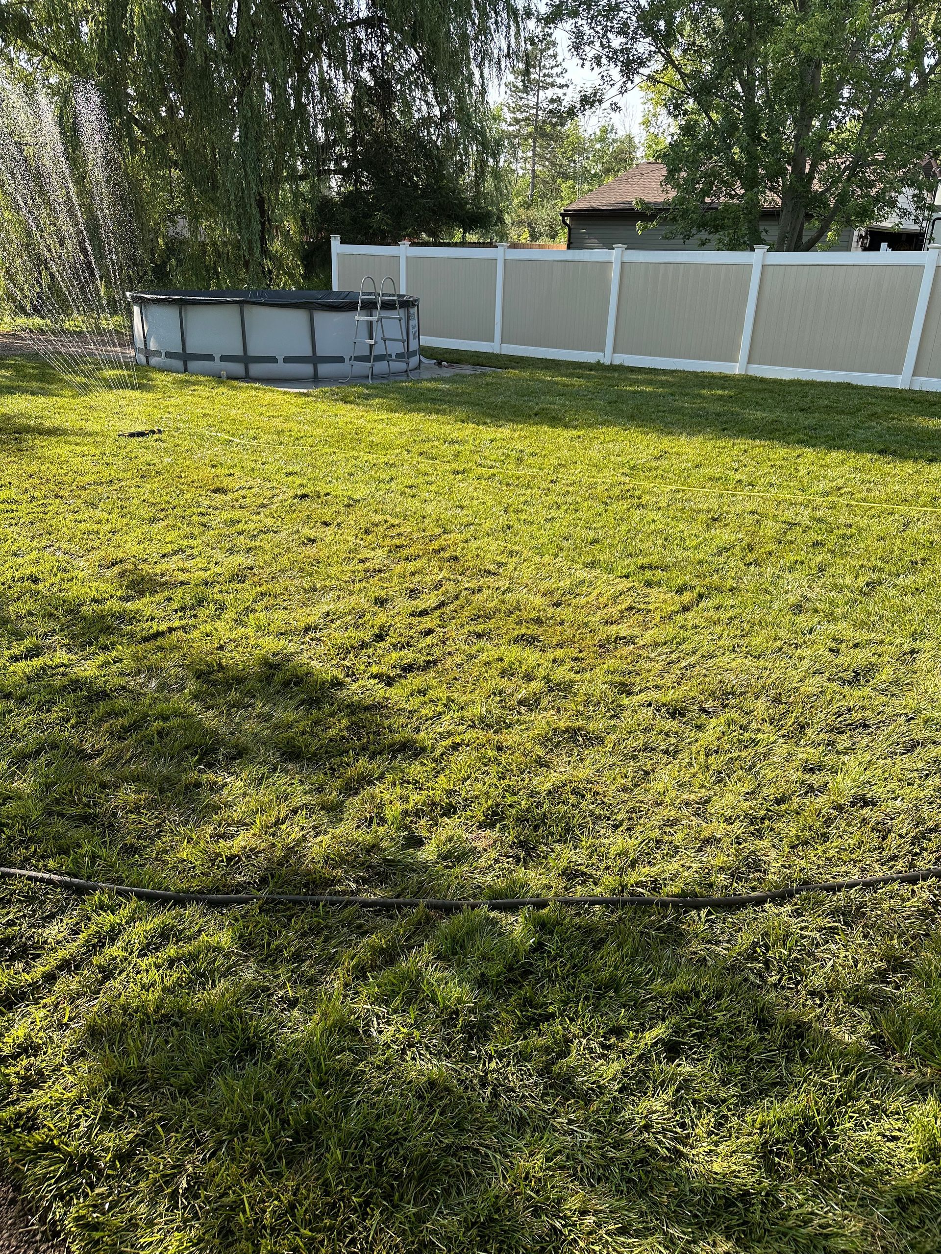 Green lawn with above-ground pool and white fence in a backyard.