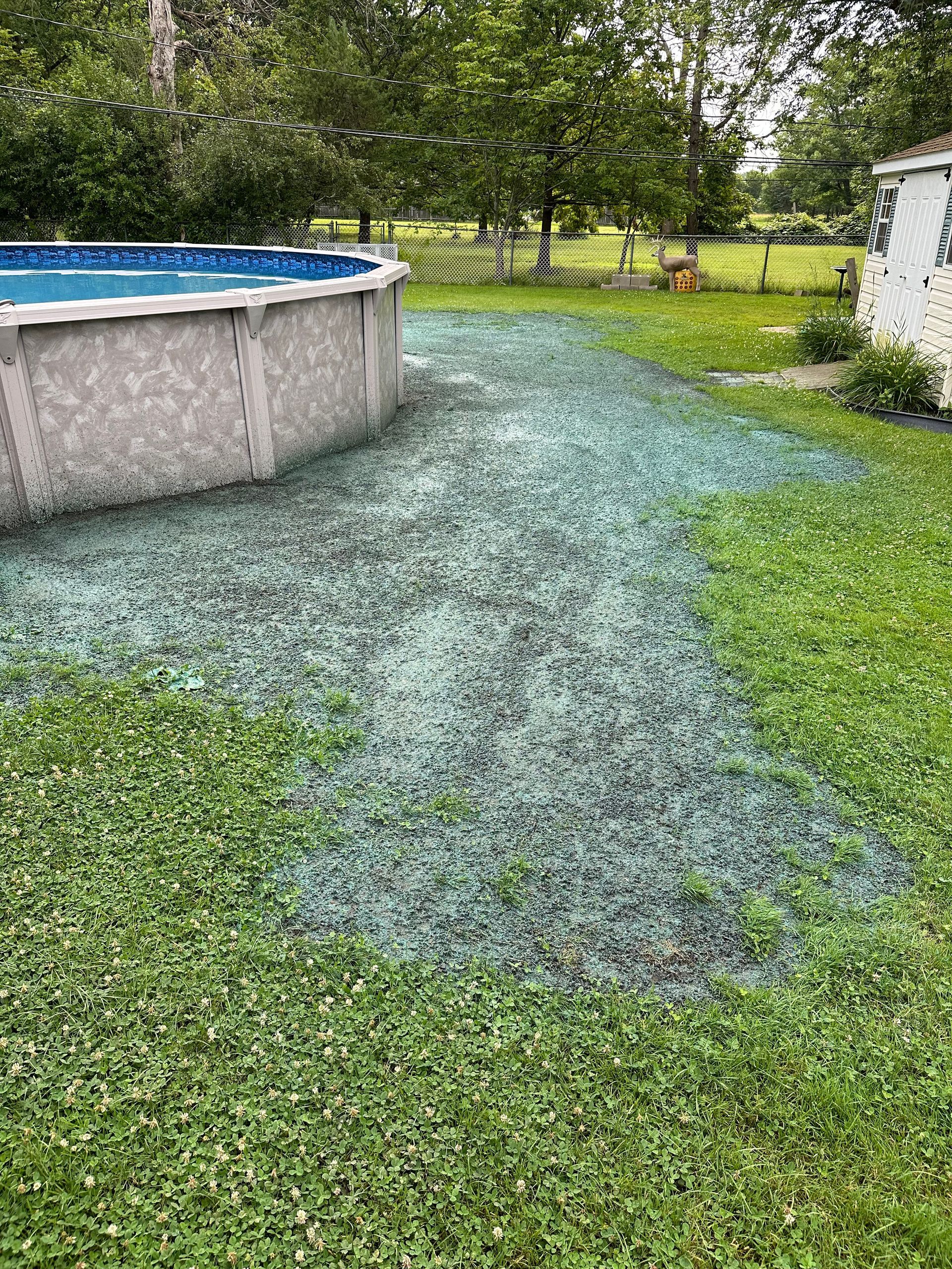 A grassy yard with an above-ground pool, seeded area is marked by blue tint. Trees in the background.