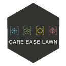 Dark hexagon logo: "Care Ease Lawn" with seasonal icons (snowflake, flower, sun, leaf) inside brackets.