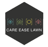 Dark hexagon logo: "Care Ease Lawn" with seasonal icons (snowflake, flower, sun, leaf) inside brackets.