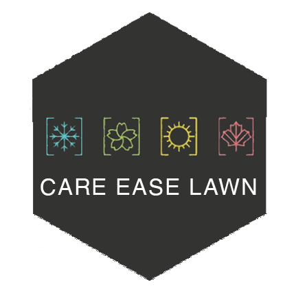 Dark hexagon logo: "Care Ease Lawn" with seasonal icons (snowflake, flower, sun, leaf) inside brackets.