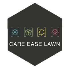 Dark hexagon logo: "Care Ease Lawn" with seasonal icons (snowflake, flower, sun, leaf) inside brackets.