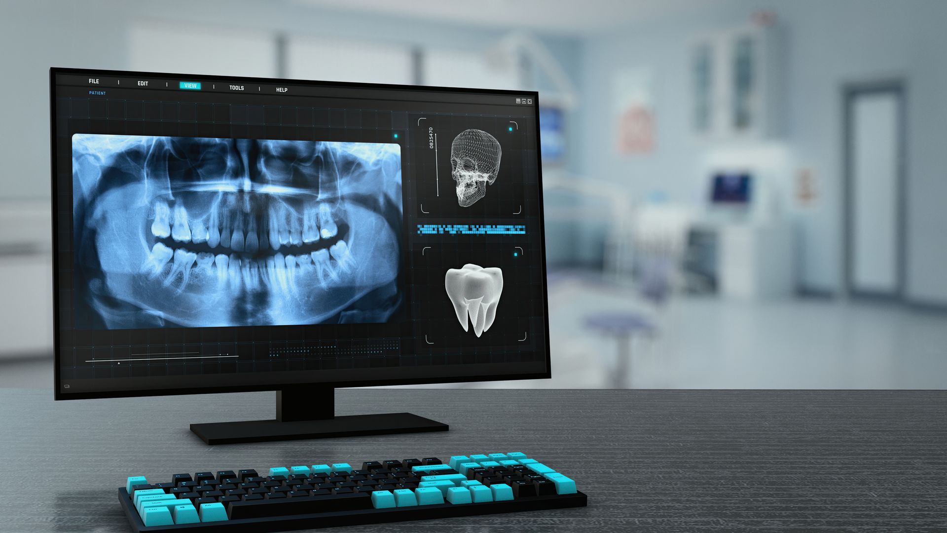 A computer monitor is displaying an x-ray of a person 's teeth.