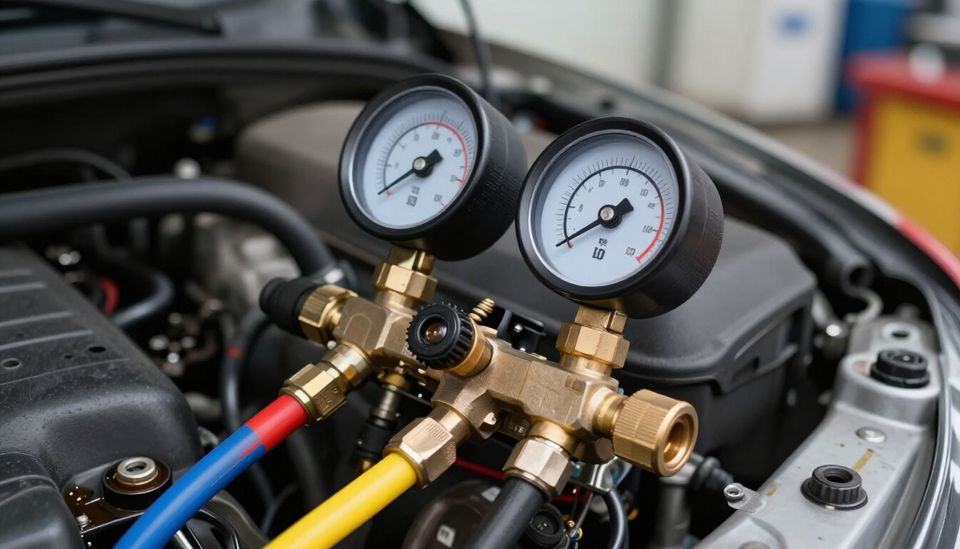 Professional automotive air conditioning gauges used for repair service.