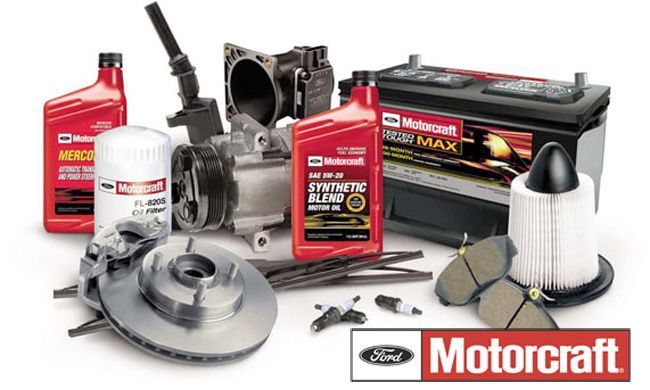 Ford Motorcraft auto parts arranged against white background.