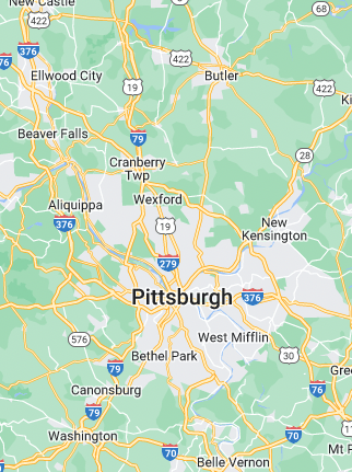 Map of Pittsburgh and surrounding towns with numbered highways.
