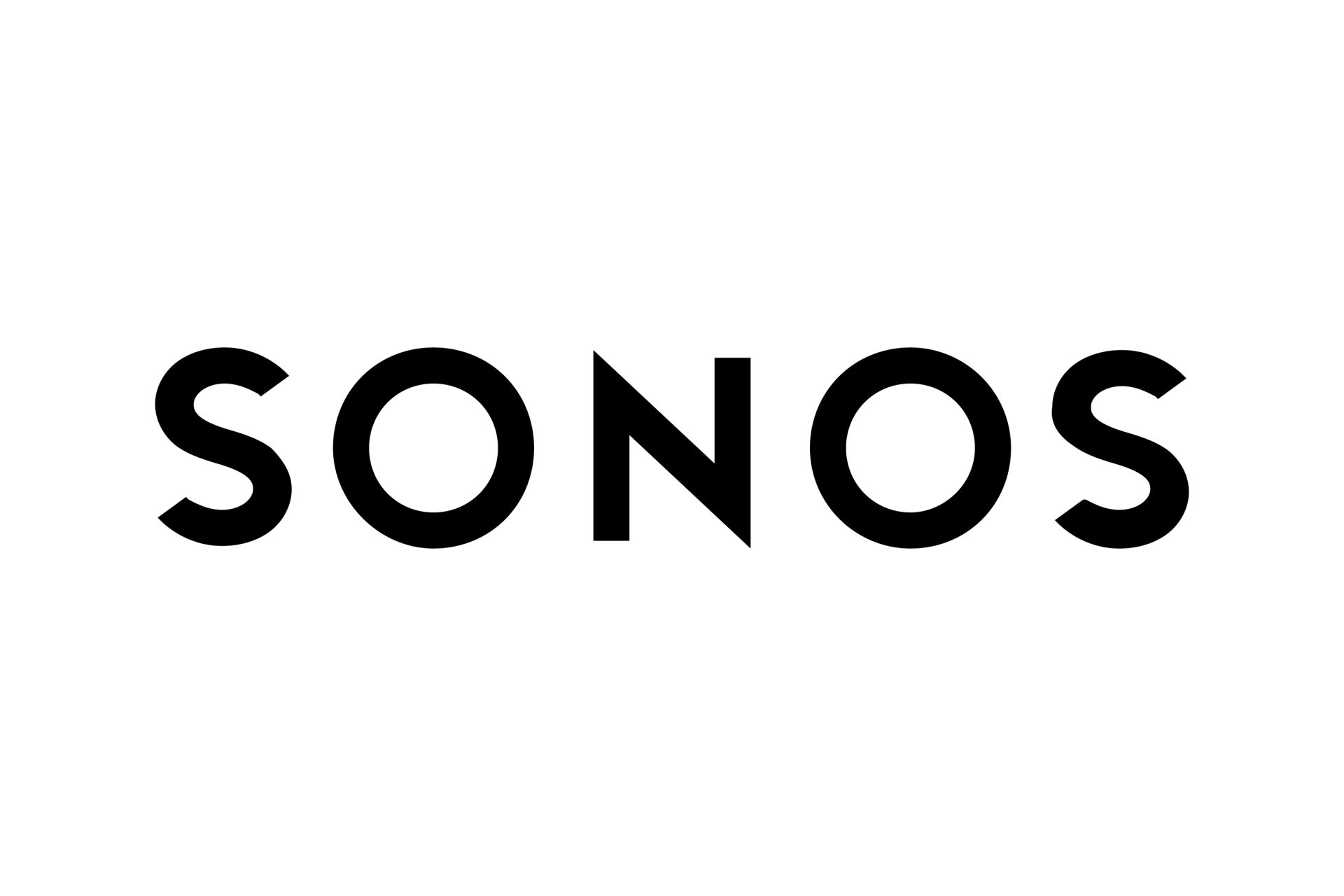 SONOS logo: Black text on white background with a stylized 