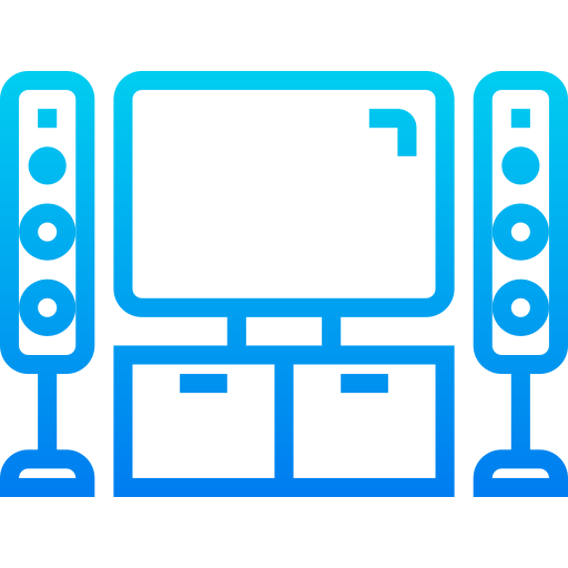 TV and entertainment console with two tower speakers; blue gradient.