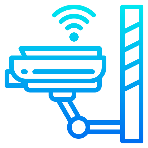 Blue security camera mounted on a wall, emitting Wi-Fi signal.