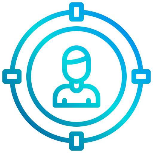 Person silhouette inside a target, blue gradient. Focus on customer/user.