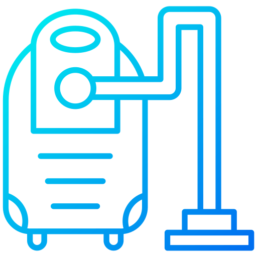 Blue gradient illustration of a vacuum cleaner, upright with a hose and canister.