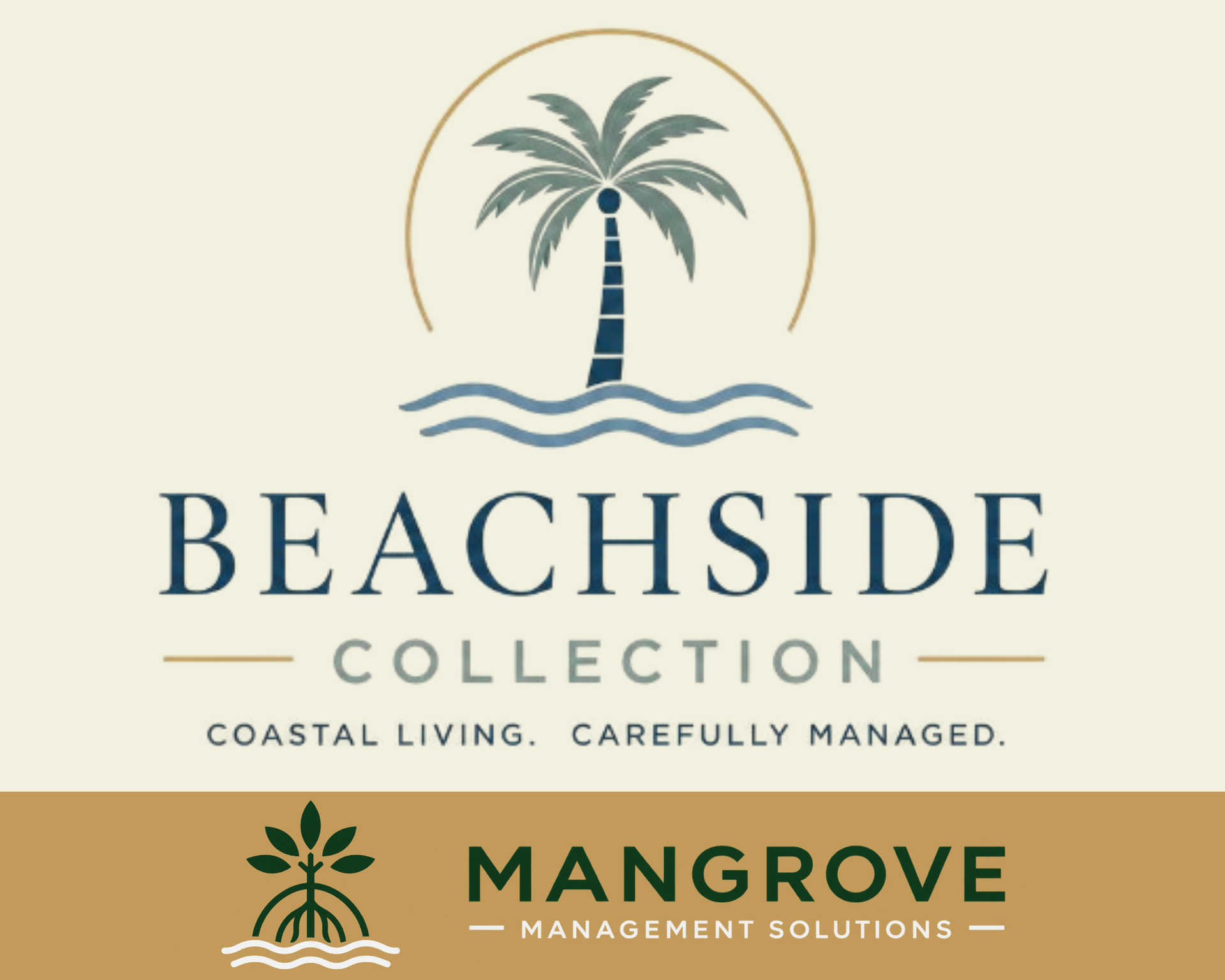Beachside Collection and Mangrove Management Solutions logos with palm tree and waves on beige background